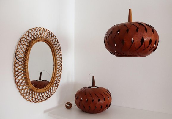 Organic Modernist Natural Teak Wood Veneer and Wicker Pendant Lamp, 1960s-VNE-1048380