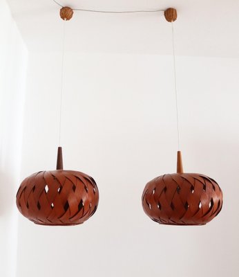 Organic Modernist Natural Teak Wood Veneer and Wicker Pendant Lamp, 1960s-VNE-1048380