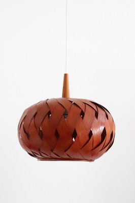 Organic Modernist Natural Teak Wood Veneer and Wicker Pendant Lamp, 1960s-VNE-1048380