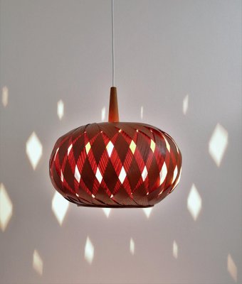 Organic Modernist Natural Teak Wood Veneer and Wicker Pendant Lamp, 1960s-VNE-1048380