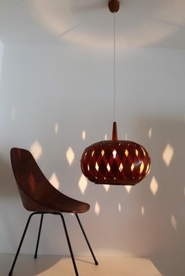 Organic Modernist Natural Teak Wood Veneer and Wicker Pendant Lamp, 1960s-VNE-1048380