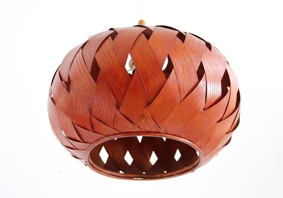 Organic Modernist Natural Teak Wood Veneer and Wicker Pendant Lamp, 1960s-VNE-1048380