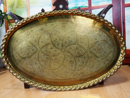 Orient Arabic Engraved Table Tray in Brass, 1950s-UZN-1394054