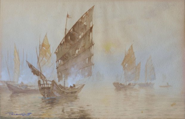 Oriental Boats Watercolor Painting, Early 20th Century-ARU-1005746