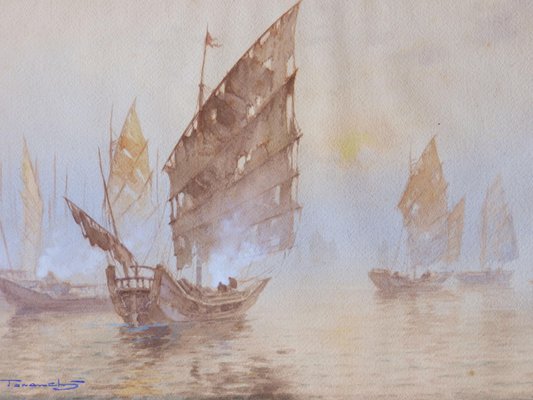 Oriental Boats Watercolor Painting, Early 20th Century-ARU-1005746