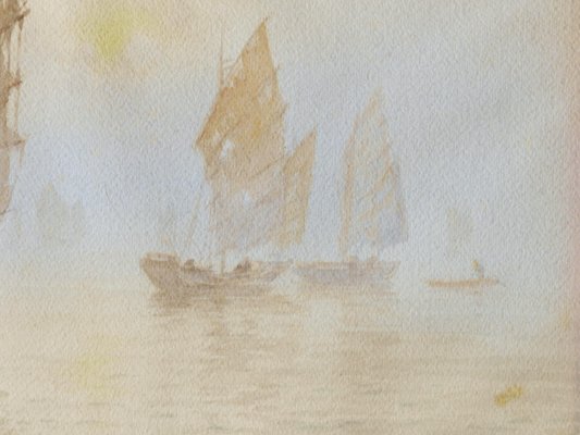 Oriental Boats Watercolor Painting, Early 20th Century-ARU-1005746