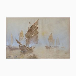 Oriental Boats Watercolor Painting, Early 20th Century-ARU-1005746