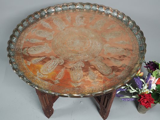 Oriental Islamic Ottoman Hammer Engraved Copper Table Tray, 1930s-UZN-1394027