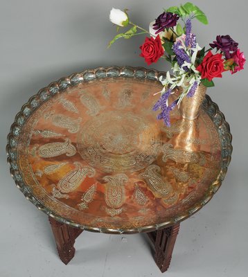 Oriental Islamic Ottoman Hammer Engraved Copper Table Tray, 1930s-UZN-1394027