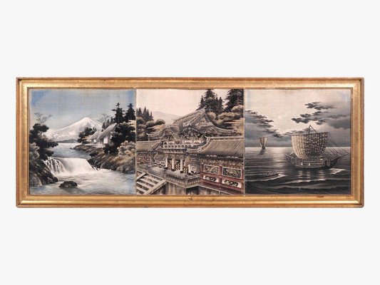 Oriental Painting of 3 Pictures, 100 Years Old, Gilt Frame-SA-829963