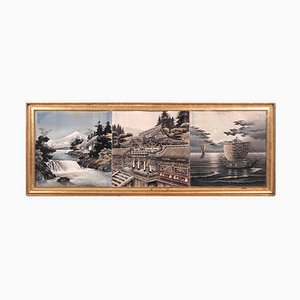 Oriental Painting of 3 Pictures, 100 Years Old, Gilt Frame-SA-829963