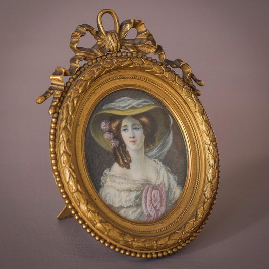 Original Antique Miniature Portrait of a Lady in a Bronze Frame