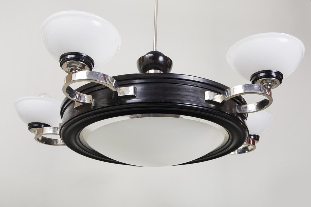 Original Art Deco Chandelier in Oak, Nickel-Plated Brass & Milk Glass, Germany, 1930s