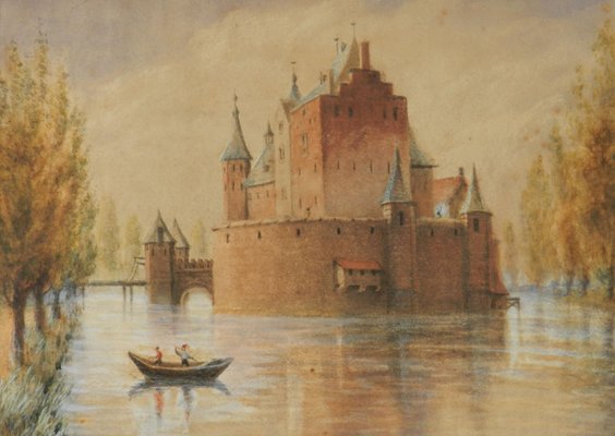 Original Watercolor Castle by Lake, Early 20th Century-ARU-1004821