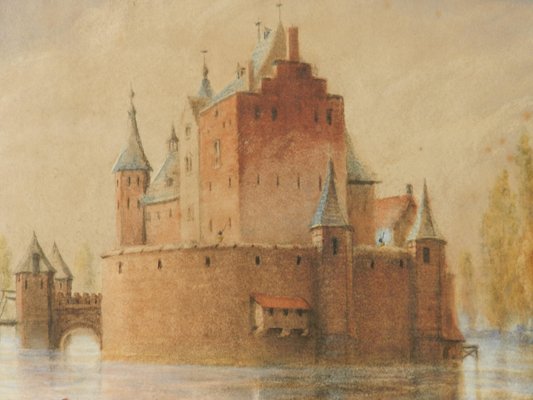 Original Watercolor Castle by Lake, Early 20th Century-ARU-1004821