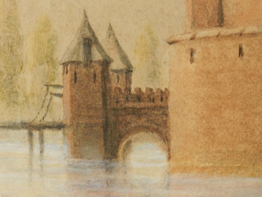 Original Watercolor Castle by Lake, Early 20th Century-ARU-1004821