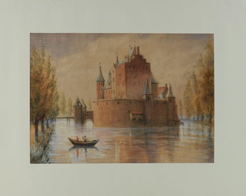 Original Watercolor Castle by Lake, Early 20th Century-ARU-1004821