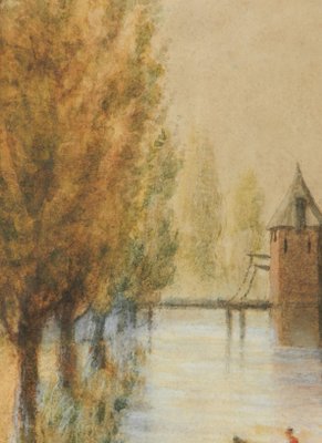 Original Watercolor Castle by Lake, Early 20th Century-ARU-1004821