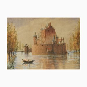 Original Watercolor Castle by Lake, Early 20th Century-ARU-1004821