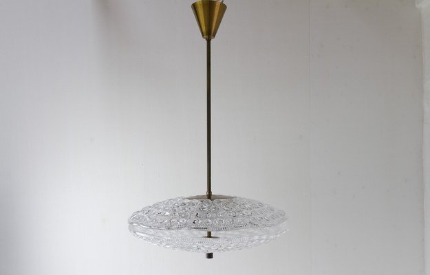 Orrefors Crystal and Brass Pendant by Fagerlund for Lyfa, 1960s-WIX-1722225