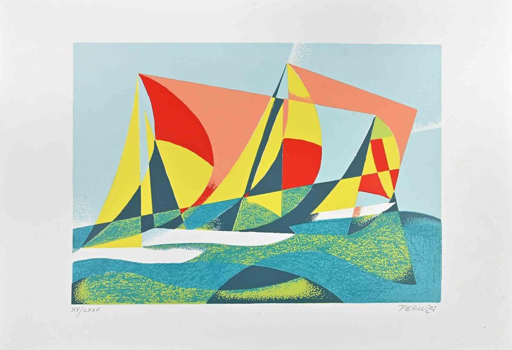 Osvaldo Peruzzi, Seascape + Sails, Lithograph, 1988