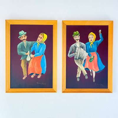 Oto Dobovišek, Naive Art Diptych, Oils on Hardboard, 1970s, Framed, Set of 2-WQC-1718176