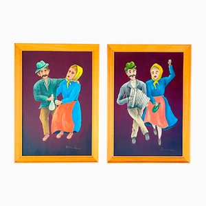 Oto Dobovišek, Naive Art Diptych, Oils on Hardboard, 1970s, Framed, Set of 2-WQC-1718176