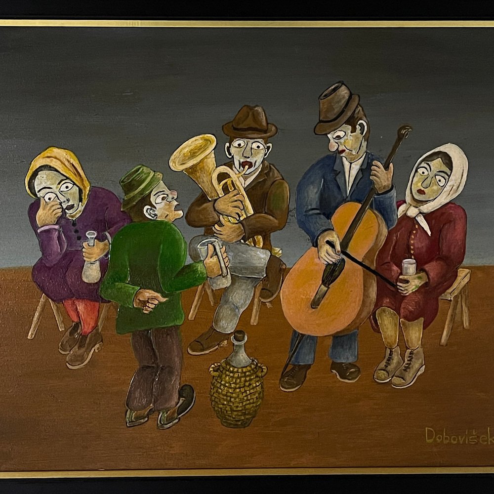 Oto Dobovišek, Rural Feast, 1973, Oil on Board, Framed