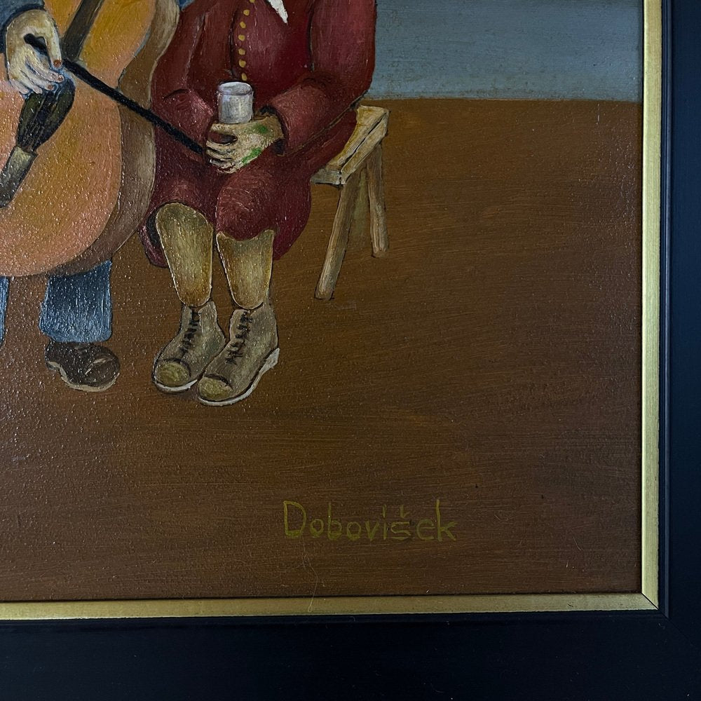 Oto Dobovišek, Rural Feast, 1973, Oil on Board, Framed