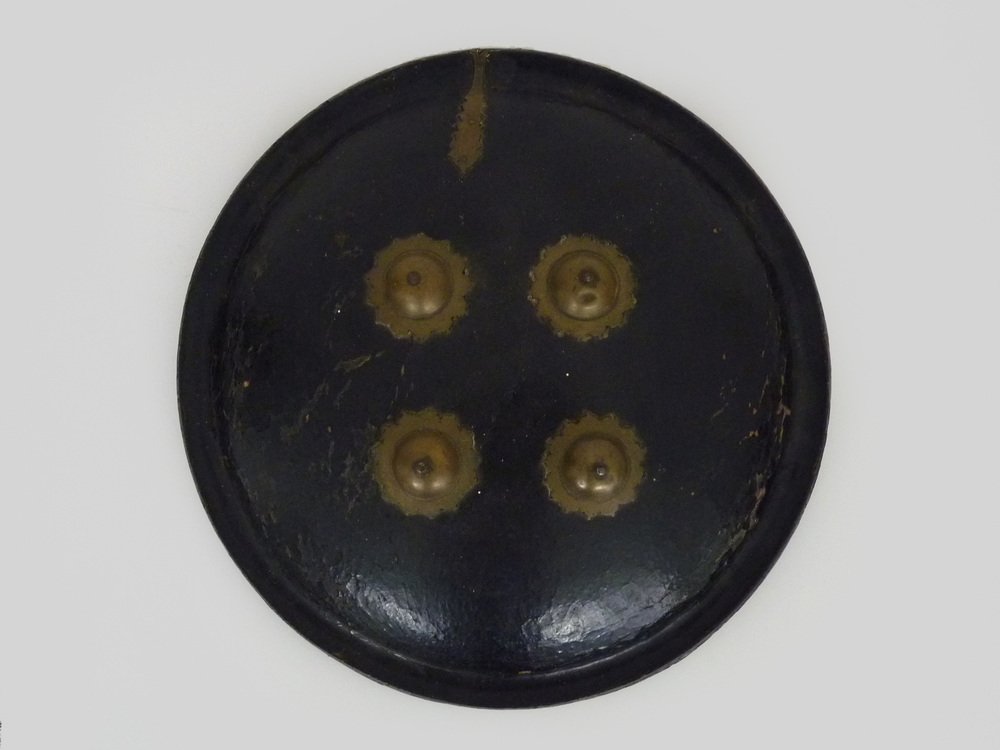 Ottoman Wood, Black Lacquered Leather and Bronze Shield, 19th Century