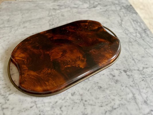 Oval Acrylic Serving Tray in Faux Tortoiseshell -Brass from Guzzini, Italy, 1970s-JO-1760247