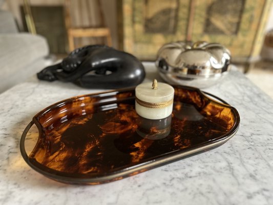 Oval Acrylic Serving Tray in Faux Tortoiseshell -Brass from Guzzini, Italy, 1970s-JO-1760247