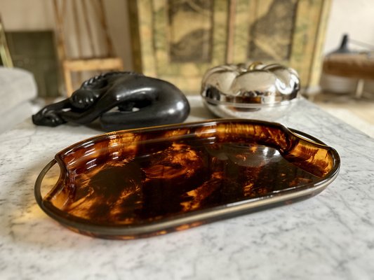 Oval Acrylic Serving Tray in Faux Tortoiseshell -Brass from Guzzini, Italy, 1970s-JO-1760247