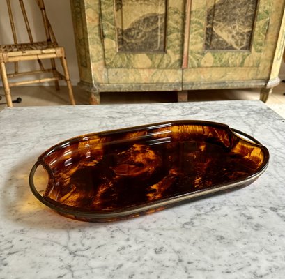 Oval Acrylic Serving Tray in Faux Tortoiseshell -Brass from Guzzini, Italy, 1970s-JO-1760247