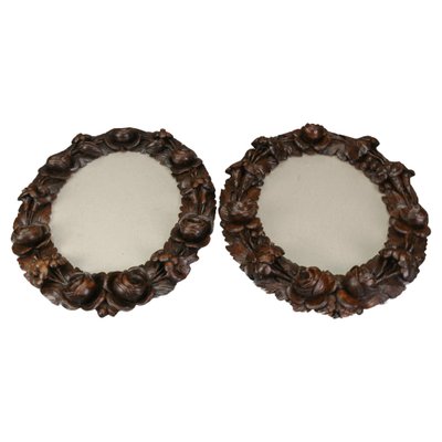 Oval Carved Walnut Picture Frames with Flowers, 1920s, Set of 2-KEG-1722827