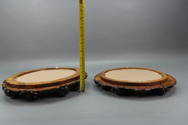 Oval Carved Walnut Picture Frames with Flowers, 1920s, Set of 2-KEG-1722827