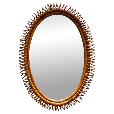 Oval Rattan Wall Mirror, Italy, 1960s-YUW-2035098