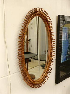 Oval Rattan Wall Mirror, Italy, 1960s-YUW-2035098