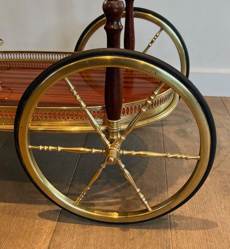 Oval Rolling Table in Brass and Mahogany from Maison Baguès, 1940s