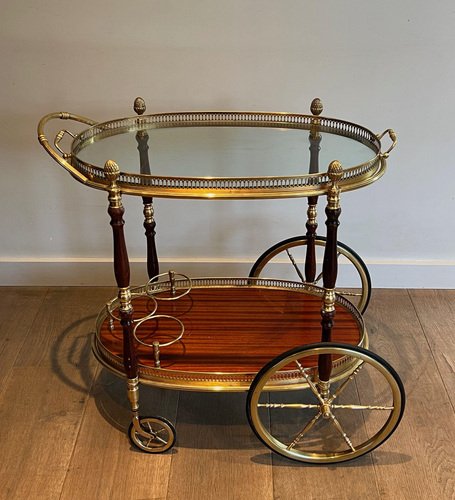 Oval Rolling Table in Brass and Mahogany from Maison Baguès, 1940s