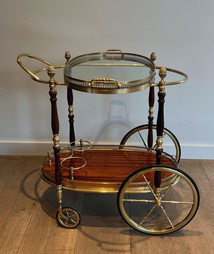 Oval Rolling Table in Brass and Mahogany from Maison Baguès, 1940s