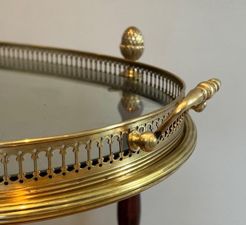 Oval Rolling Table in Brass and Mahogany from Maison Baguès, 1940s