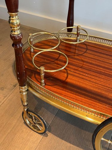 Oval Rolling Table in Brass and Mahogany from Maison Baguès, 1940s