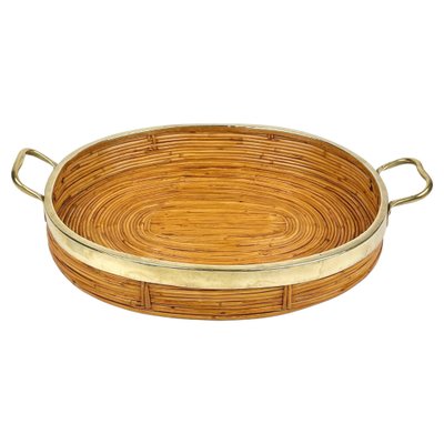 Oval Serving Tray in Bamboo, Rattan & Brass, Italy, 1970s-LYQ-1288546