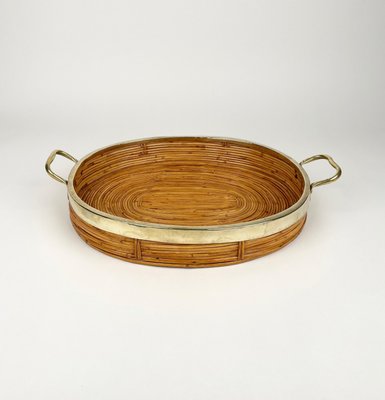 Oval Serving Tray in Bamboo, Rattan & Brass, Italy, 1970s-LYQ-1288546