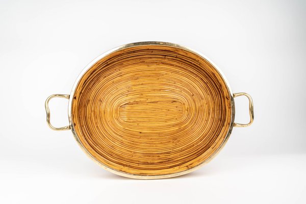 Oval Serving Tray in Bamboo, Rattan & Brass, Italy, 1970s-LYQ-1288546