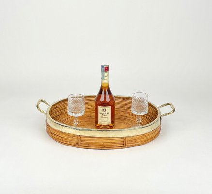 Oval Serving Tray in Bamboo, Rattan & Brass, Italy, 1970s-LYQ-1288546