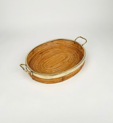 Oval Serving Tray in Bamboo, Rattan & Brass, Italy, 1970s-LYQ-1288546