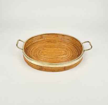 Oval Serving Tray in Bamboo, Rattan & Brass, Italy, 1970s-LYQ-1288546