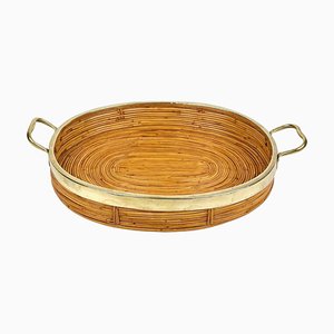 Oval Serving Tray in Bamboo, Rattan & Brass, Italy, 1970s-LYQ-1288546